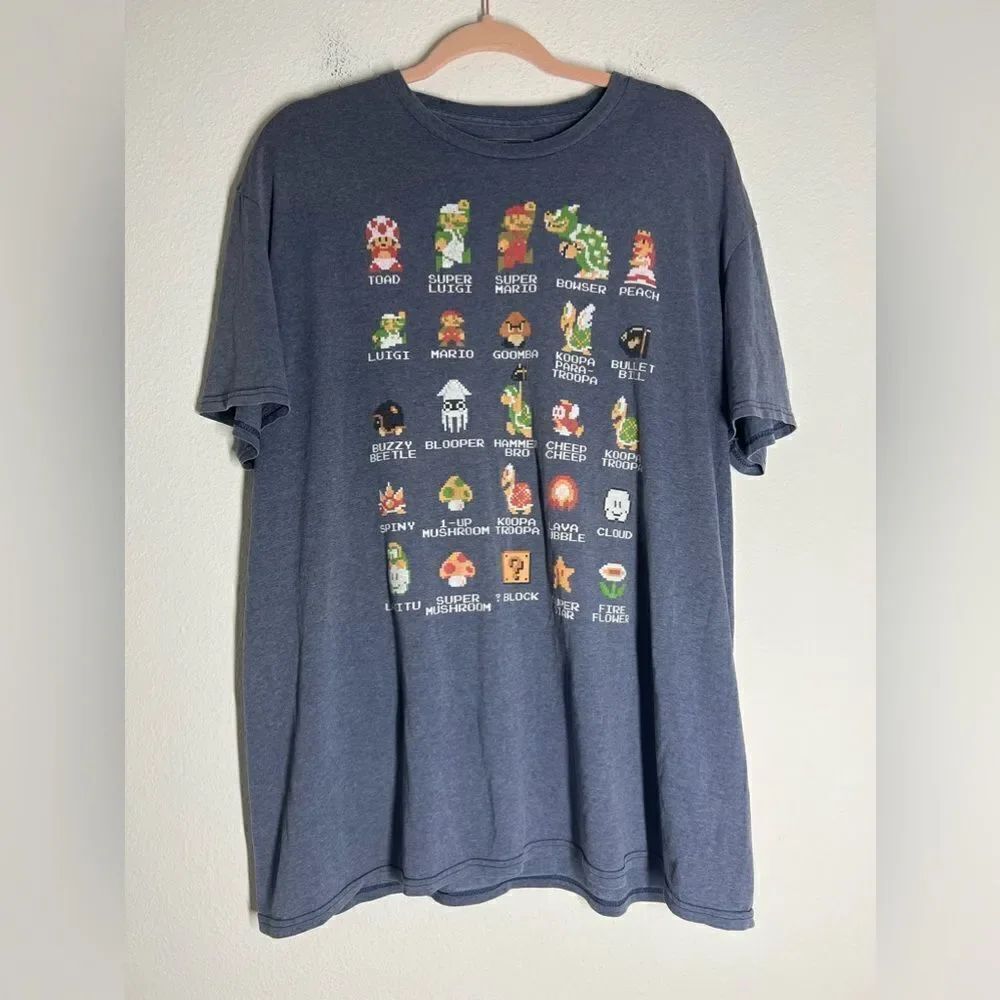 Super Mario Bros Pixel Art All Characters Classic NES T-shirt Size XL Mens Blue